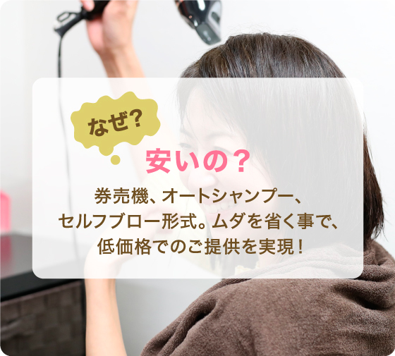 なぜ？安いの？ 券売機、オートシャンプー、セルフブロー形式。ムダを省く事で、低価格でのご提供を実現!