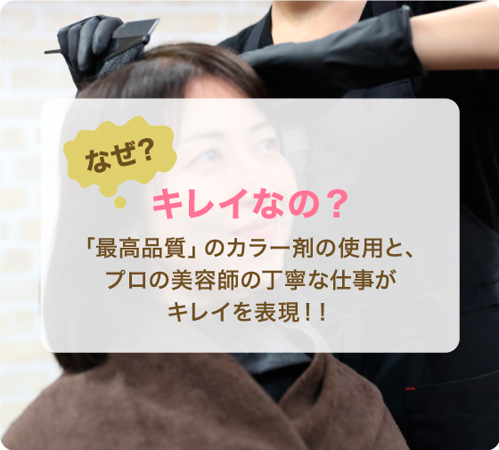 なぜ？キレイなの？ 「最高品質」のカラー剤の使用と、プロの美容師の丁寧な仕事がキレイを表現!!